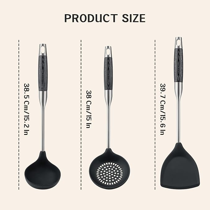 FJNATINH Silicone Wok Spatula,Ladle,Skimmer Tool Set - Stainless Steel Wok Tools, Wok Utensil,Non Stick Heat-Resistant Cooking Utensils BPA Free Kitchen Utensils Cookware (Black Stainless Steel-3PCS)