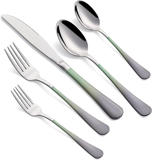 20-Piece Green and Gray Silverware Set for 4, 18/0 Stainless Steel Flatware Cutlery Utensils Set, Include Dinner Knives,Dinner Forks,Dinner Spoons,Salad Forks,Teaspoons,Dishwasher Safe