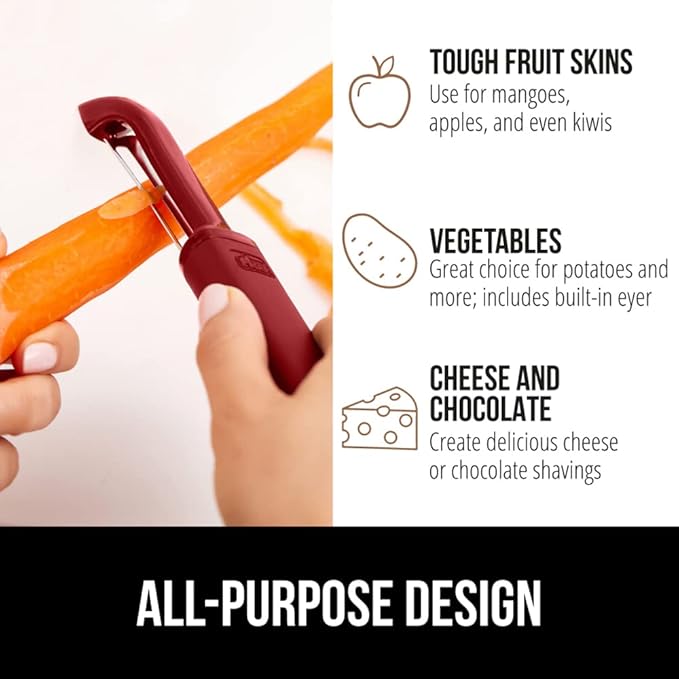 GORILLA GRIP Patented BPA-Free Sharp Stainless Steel Dual Swivel Vegetable Peeler, Soft Comfortable Handle, Smoothly Peel Apples, Potatoes, Carrots, Includes Blade Cover, Kitchen Tool Peelers, Red