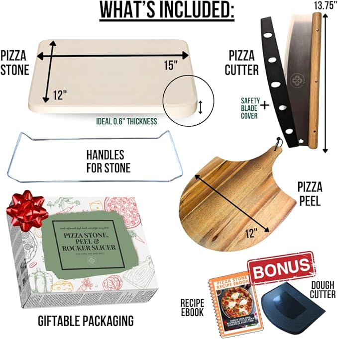 Pizza Stone for Oven and Grill Set - 5PCS Pizza Making Accessories Kit - 15 inch Pizza Stone with Handles, Pizza Peel, Pizza Cutter, Dough Tool - Baking Stone for Bread - Large Rectangular Oven Stones