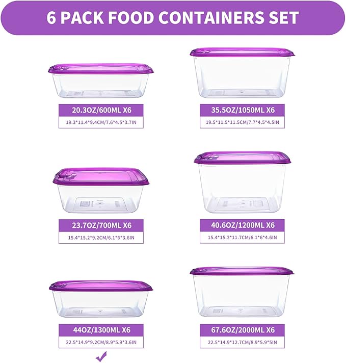KIGI 6 PACK 44OZ Rectangular Meal Prep Container Plastic Food Containers with Lid