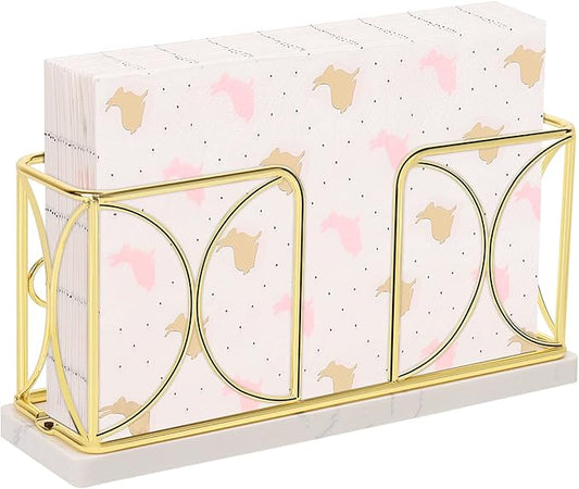 Napkin Holder with Marble Base, Guest Towel Paper Dispenser for Table, Modern Metal Napkin Stand, Ideal for All Bathroom Vanity, Kitchen Decor Accessories (Gold, 4 Inch)