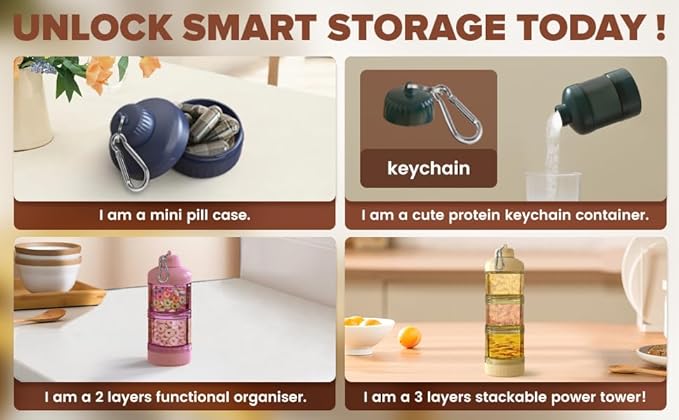 BYLWORKOUT 3-Layer Protein Powder Travel Container with Funnel and Keychain | Portable Food Storage Organizer for Gym, Fitness, Kitchen, Camping, Hiking, and Travel (Yellow)