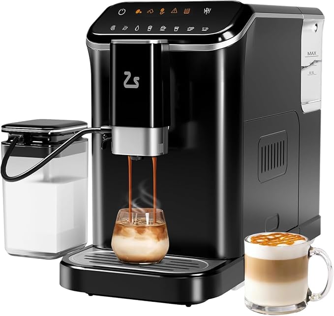 Fully Automatic Espresso Machine with Self-Cleaning Function, Brewing System and Automatic Milk Frothing System, 6 One-Touch Programs, 1.5L Detachable Water Tank for Home/Office Use, Black