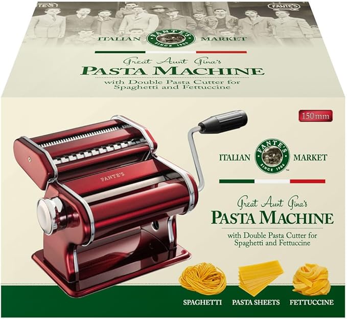 Fante's Red Pasta Machine With Double Pasta Cutter For Spaghetti And Fettuccine, For Rolling Uniform Pasta Sheets And Creating Consistent Homemade Noodles