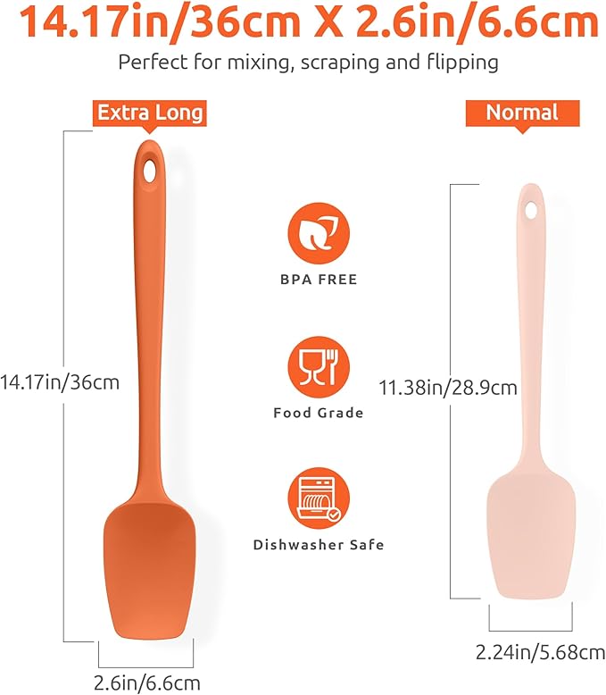 U-Taste Extra-Long 600ºF Heat Resistant Spatula Spoon: 14" Silicone Spoonula Cooking Utensils for Kitchen Use, Non-Stick Scoop Scraper with Soft Edge & Firm Core for Baking, Mixing, Serving (Orange)