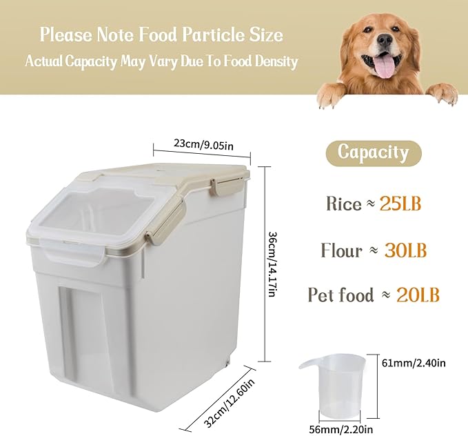 Large Flour Storage Container Bin 25lb, 2Pack Airtight Rice Storage Containers with Wheels Seal Locking Lid, BPA Free with Measuring Cup&Scoop for Flour, Rice, Grain(Gray)