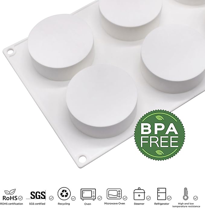 OCPO KITCHEN Cylinder Silicone Molds for Baking Mousse Cake, 3D Silicone Baking Mold for Candy Pastry Chocolate Truffle Cupcake Jelly Cookie Pudding Cake Decoration Mold, Flat Cylinder (6-Cavity)