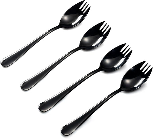 Alata Black Mirror Sporks 8-Pack Set Stainless Steel Sporks, 7.4 Inches Long Handle Salad Forks For Dessert, Ice Cream, Salad, Soup, Noodle, Spaghetti, Dishwasher Safe
