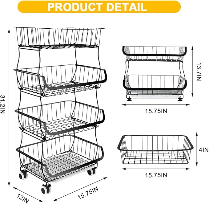 Fruit Vegetable Storage Basket, 4 Tier Stackable Metal Wire Storage Baskets with Wheels, Fruit Vegetable Produce Basket Organizer Bins for Kitchen, Pantry, Bathroom