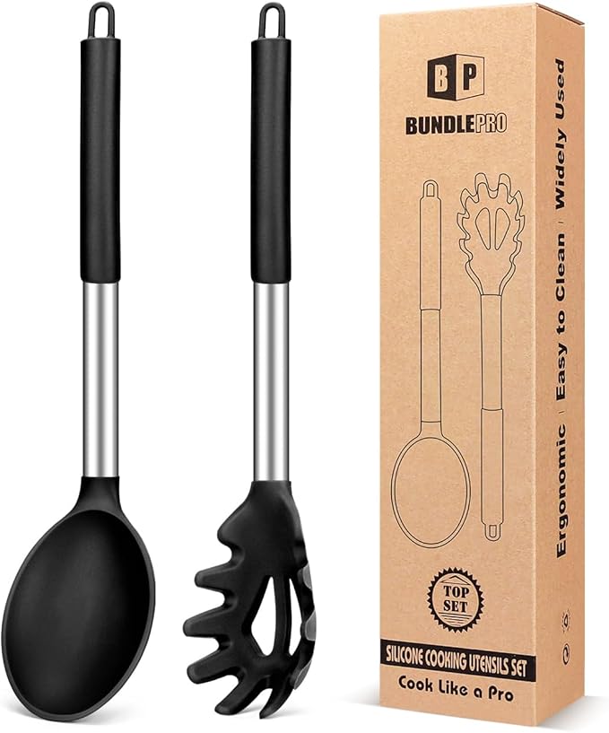 Silicone Pasta Fork and Cooking Spoon Set, Non Stick Kitchen Utensils for Cooking,Stirring,Serving Spaghetti, Soup, Sauce (BLACK)