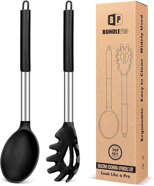 Silicone Pasta Fork and Cooking Spoon Set, Non Stick Kitchen Utensils for Cooking,Stirring,Serving Spaghetti, Soup, Sauce (BLACK)