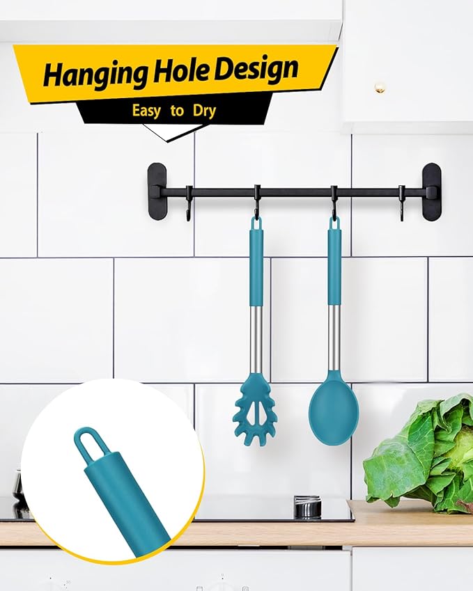 Silicone Pasta Fork and Cooking Spoon Set, Non Stick Kitchen Utensils for Cooking,Stirring,Serving Spaghetti, Soup, Sauce (BLUE)