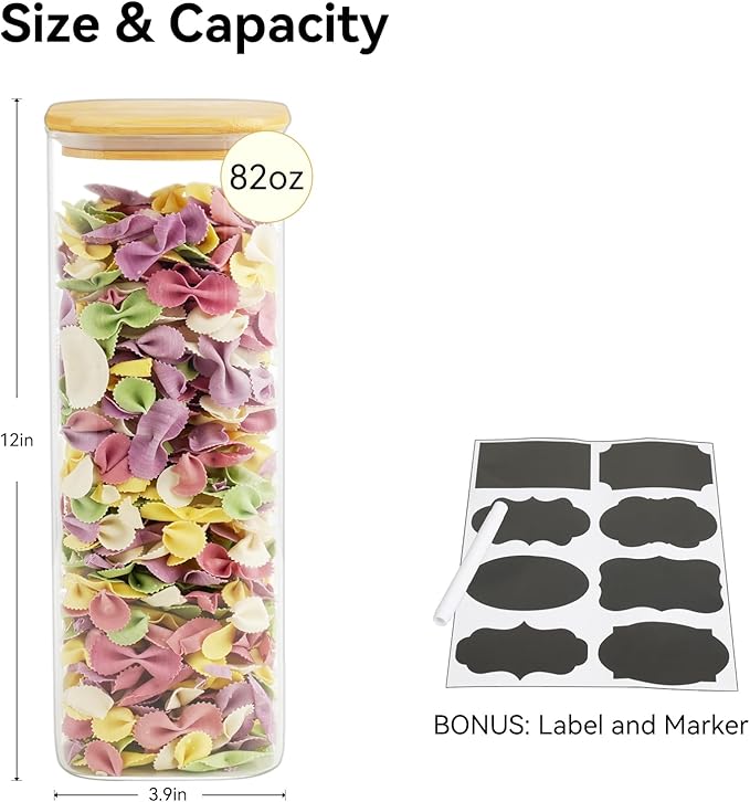 82 Oz Glass Storage Containers with Bamboo Lids, Square Glass Canister Sets Clear Glass Pantry Storage Containers with Lids for Cookie Flour Oat Pasta Tea Coffee Bean, Set of 3