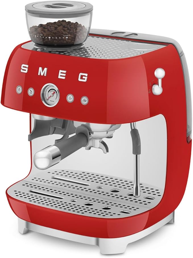 Smeg EGF03 Semi-Automatic Espresso Machine with Built-In Grinder, Dual Thermoblock, 50’s Retro Style – Red (120 V)