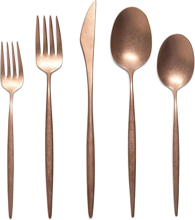 Luxury Vintage Flatware 20-Piece Set – Service for 4, Premium Stainless Steel with Weighted Handles, Aged Heirloom Finish, Dishwasher Safe, Elegant and Modern Cutlery (Vintage Copper)