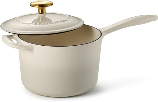 Tramontina Bestow Enameled Cast Iron Sauce Pan with Lid, 2.5-quart, Latte with Gold Knob