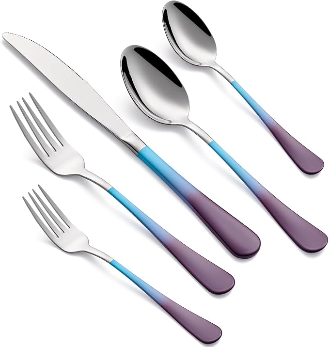 20-Piece Blue and Purple Silverware Set for 4, 18/0 Stainless Steel Flatware Cutlery Utensils Set, Includes Dinner Knives, Forks, Spoons, Salad Forks, Teaspoons, Dishwasher Safe