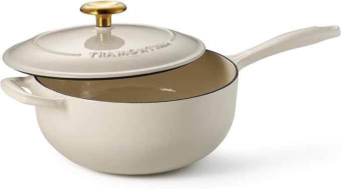 Tramontina Bestow Enameled Cast Iron Saucier Pan with Lid, 3-quart, Latte with Gold Knob
