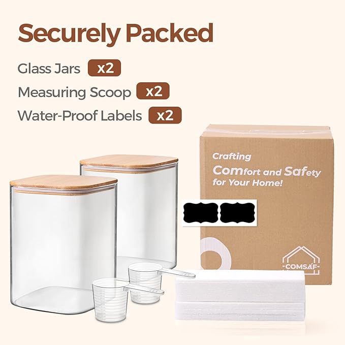 ComSaf 3.6 Qt Glass Food Storage Containers Set of 2, Large Storage Containers with Lids, Square Glass Jars with Lids, for Flour and Sugar, Cereal, Rice, Pasta, Oats, Coffee Beans