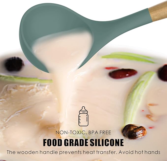 Silicone Cooking Utensils Set - 446°F Heat Resistant Silicone Kitchen Utensils for Cooking,Kitchen Utensil Spatula Set w Wooden Handles and Holder, BPA FREE Gadgets for Non-Stick Cookware (Colorful)