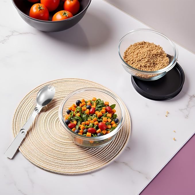 12 OZ Round Glass Food Containers With Lids, 1.5 Cup Small Glass Containers With Lids and Spoons for Office Lunch,Small Round Meal Prep Bowls for Oven, Fridge, Dishwasher safe (4 Pack)