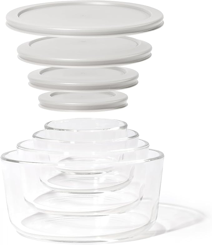 8-Piece Glass Food Storage Containers Set (4 Containers + 4 Lids) | Round, Nesting, Microwave & Dishwasher Safe | BPA-Free, Space-Saving | Grey Lids for Pantry & Kitchen Organization