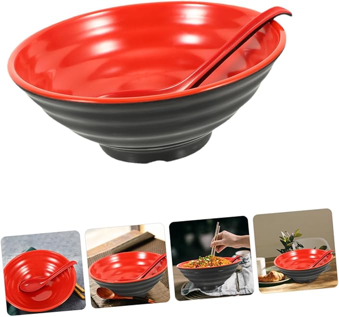 Large Melamine Ramen Bowl with Spoon Reusable Food Container for Rice Instant Noodles Desserts Kitchen Bowls Microwave Safe Decorative and Easy to Clean for Japanese and Asian