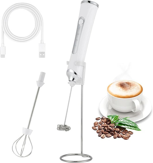 Handheld Electric Milk Frother with 2 Heads, Coffee Whisk Foam Mixer with USB Rechargeable 3 Speeds, Foam Maker Blender for Latte, Cappuccino, Hot Chocolate, Egg (White with stand)