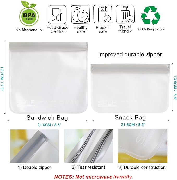 SPLF 10 Pack Reusable Sandwich Bags Dishwasher Safe, Reusable Quart Freezer Bags, Extra Thick Leakproof Food Storage Bags Silicone and Plastic Free for Marinate Meats, Cereal, Lunch, Travel Items Gray