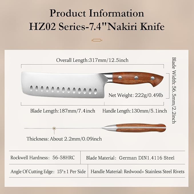 HEZHEN Multipurpose Asian Chef Knife - 7.4 inch Nakiri Knife -Din 1.4116 Steel-Razor Sharp & Full Tang Kitchen Knife, for Chopping, Dicing & Slicing with Ergonomic Handle