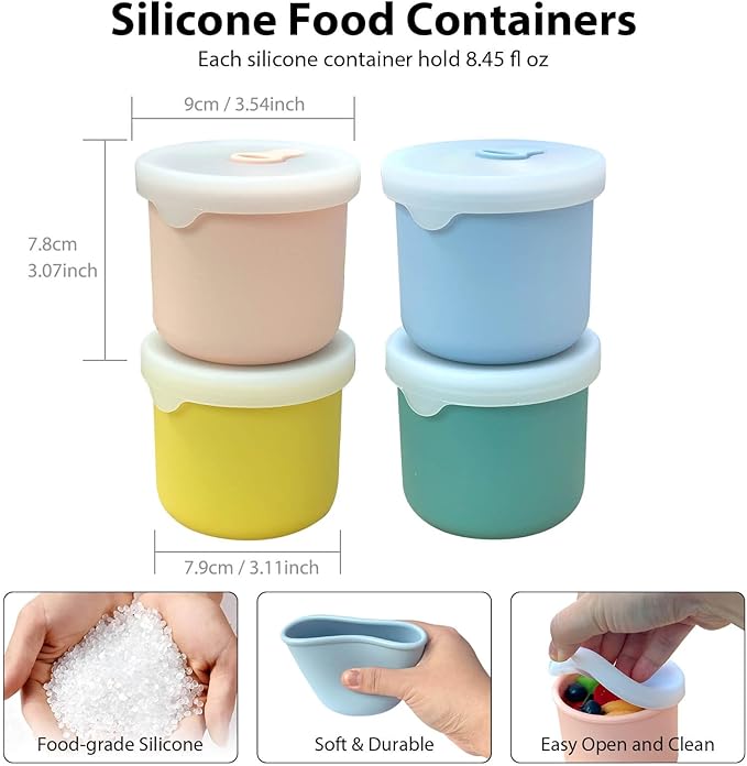 Silicone Food Storage Containers with Lids, 4 Pack 8.5 oz Reusable Snack Fruits Containers Cups Airtight Leak Proof BPA Free Freezer Molds Lunch Box for Daycare School Travel Baby Kids Macaron
