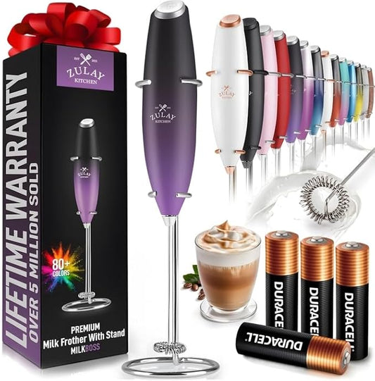 Zulay Kitchen Powerful Milk Frother Wand With 4 AA Duracell Batteries - Ultra Fast Handheld Drink Mixer - Electric Whisk Foam Maker for Coffee, Lattes, Cappuccino, Matcha & Creamer -