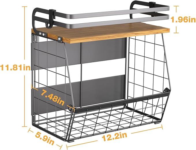 Magnetic Shelf for Fridge with Wood Lid, Large Capacity Wire Basket Magnetic Spice Rack for Refrigerator Kitchen Storage Bin for Fruit, Onion, Potatoes, Storage Organizer for Counter & Cabinet, Black