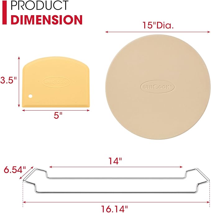 Unicook 15 Inch Round Pizza Stone for Oven and Grill, Oven Baking Stone for Bread, Cordierite Pizza Pan for Baking Crispy Bread, Pie and Cookies, Includes Carry Rack and Dough Scraper