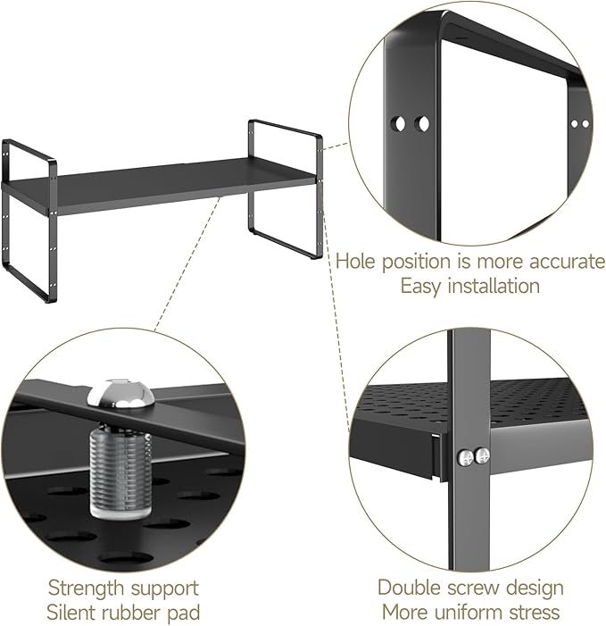 Hole Pattern Expandable Shelf Organizer,2Pack 10.2" Wide Easy to Assemble Cabinet Organizer Shelf, 16.5~27.1" Adjustable Height&Stackable Spice Organization for Cupboard, Black