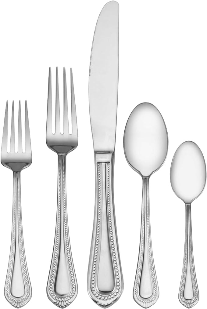 Mikasa Regent Bead 65-Piece Flatware Set for 12, 18/10 Stainless Steel Silverware with Full Service and Serving Utensils, Classic Beaded Edge Design