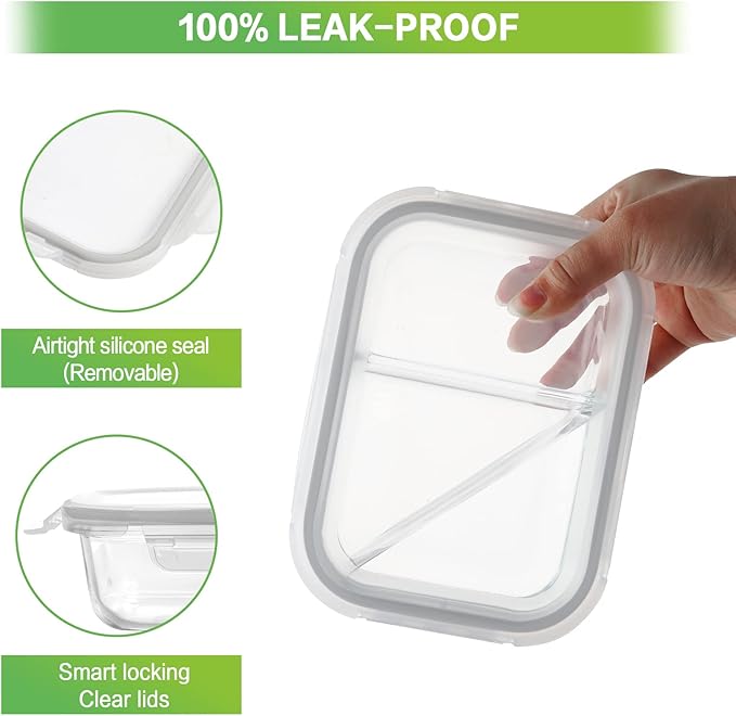 HOMBERKING 10 Pack 24oz Glass Meal Prep Containers 2 Compartment, Glass Food Storage Containers with Lids, Airtight Lunch Bento Boxes, BPA-Free & Leak Proof (10 lids & 10 Container) - Grey