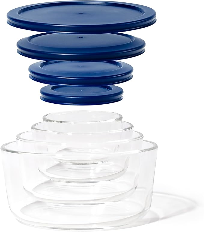 8-Piece Glass Food Storage Containers Set (4 Containers + 4 Lids) | Round, Nesting, Microwave & Dishwasher Safe | BPA-Free, Space-Saving | Blue Lids for Pantry & Kitchen Organization