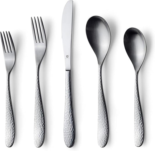 Matte Silverware Set, 18/10 Stainless Steel Satin Flatware, Modern Brushed Finish Cutlery, Dishwasher Safe & Durable, Built to Last (40-Piece, Marettimo Hammered)