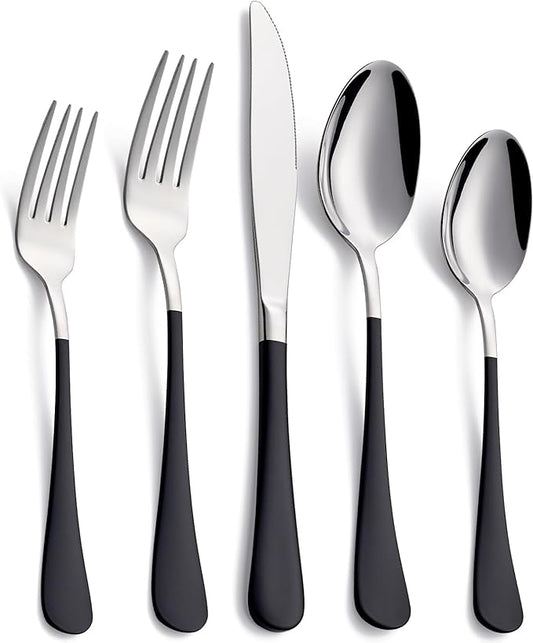 20-Piece Black Silverware Set, 18/0 Stainless Steel Black Handle Flatware Set, Service for 4, Modern Cutlery Set Includes Dinner Knives Forks Spoons, Mirror Polished, Dishwasher Safe
