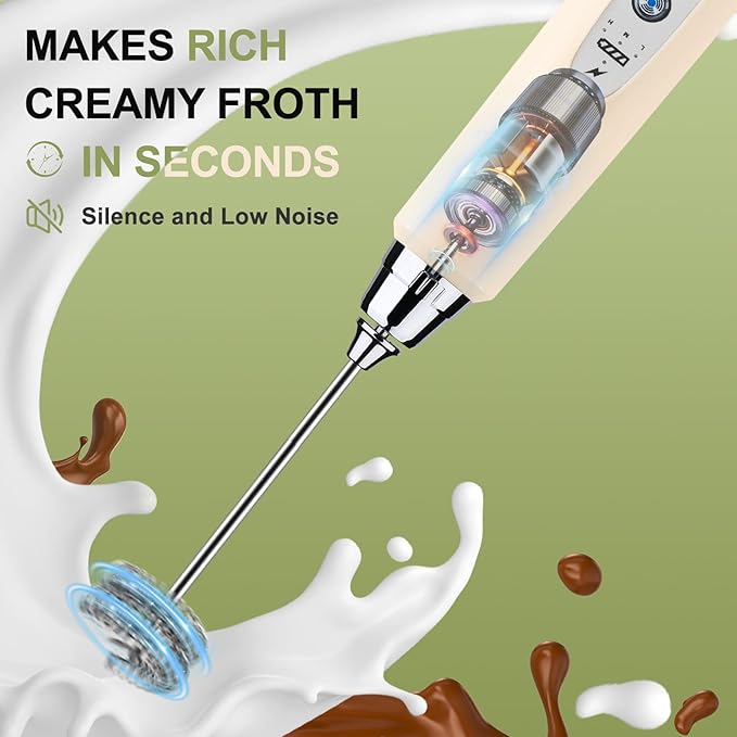 YUSWKO Beige Handheld Milk Frother Wand for Coffee, Rechargeable Electric Whisk with 3 Heads 3 Speeds Drink Mixer Coffee Frother For Latte, Cappuccino, Hot Chocolate, Egg
