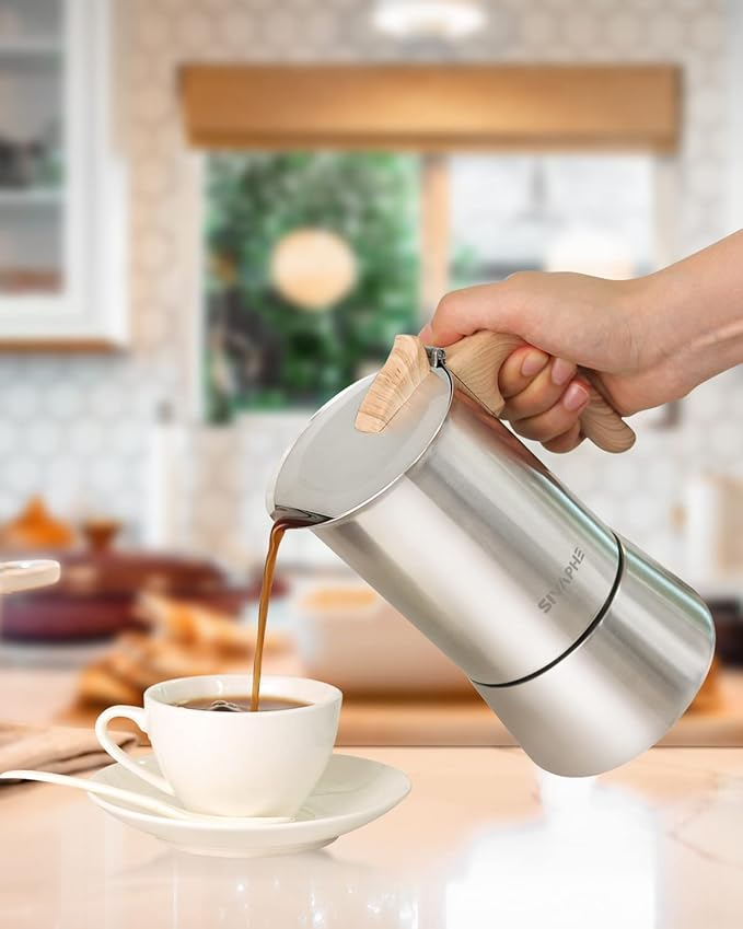 Sivaphe Stainless Steel Stovetop Espresso Coffee Maker, 6cups Espresso pot, 300ml Moka Campaing Coffee Pot, Induction Italian Mocha Pot with Step-by-step Instructions(1 Cup=50ml)