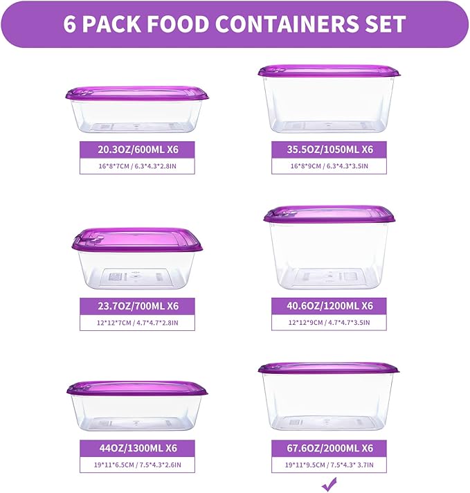 KIGI 6 PACK Plastic Food Storage Containers with Lids Airtight Square Meal Prep Containers Bento Box TO-GO Containers