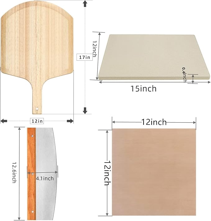 4 PCS Rectangle Pizza Stone Set, 15" Large Pizza Stone for Oven and Grill with Pizza Peel(OAK), Pizza Cutter & 10pcs Cooking Paper for Free, Baking Stone for Pizza, Bread,BBQ