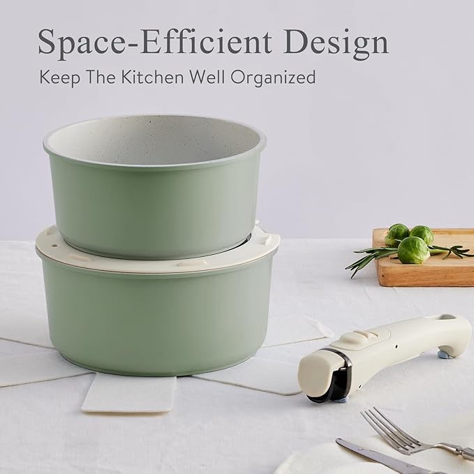 Pots and Pans Set Healthy Non toxic Non Stick Ceramic Cookware Set 21 Pcs Detachable Handles, Oven Safe, Induction Dishwasher, Stackable Frying Pan (PFOS, PFOA Free),Green