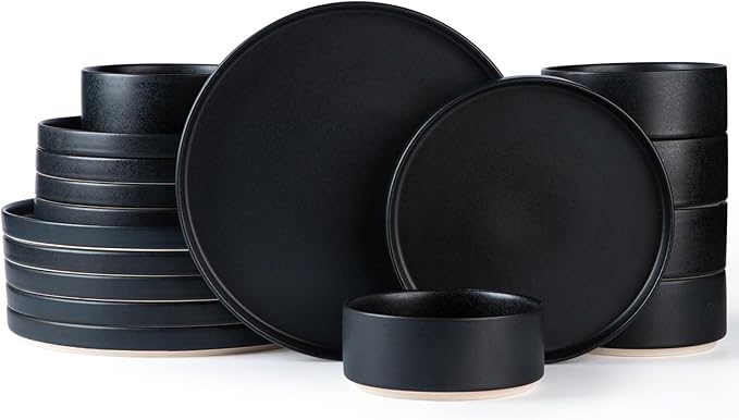 TheTerra Ceramic Dinnerware Sets for 6, 18 Pieces Handmade Reactive Glaze Plates and Bowls Set, Scratch Resistant Dish Set, Oven & Microwave & Dishwasher Safe, Matte Black