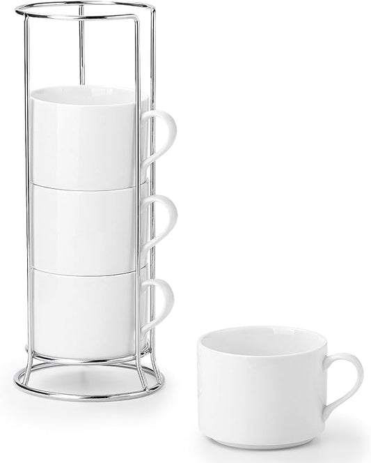 10 Ounce White Porcelain Stackable Cappuccino Cups with Stainless Steel Holder, Set of 4, Durable Ceramic, Perfect for Home, Office, or Gift