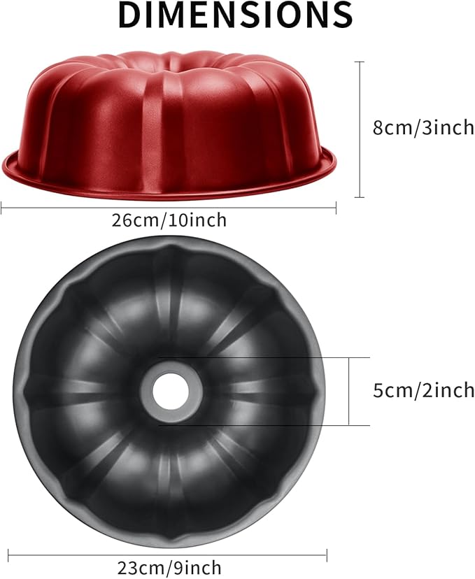 OAMCEG 10 Inches Fluted Tube Bunte Cake Pan Nonstick Cake Pans for Baking, 10 Cups Heavy Duty Carbon Steel Baking Mold for Buntelet, Bavarois, Brownie, Jello, Flan, Meatloaf (Red)
