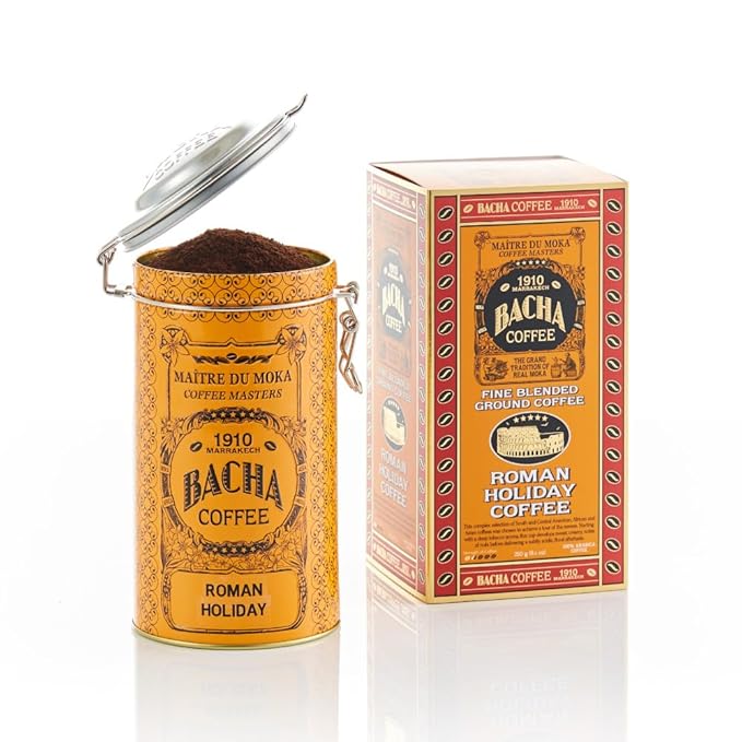Bacha Coffee | Roman Holiday Fine Blended Coffee, Autograph Collection, 100% Arabica Specialty Coffee, Ground Beans, Medium Light Roast, 250g & 100% Natural Unbleached Wood Fibre Paper Filters, Small
